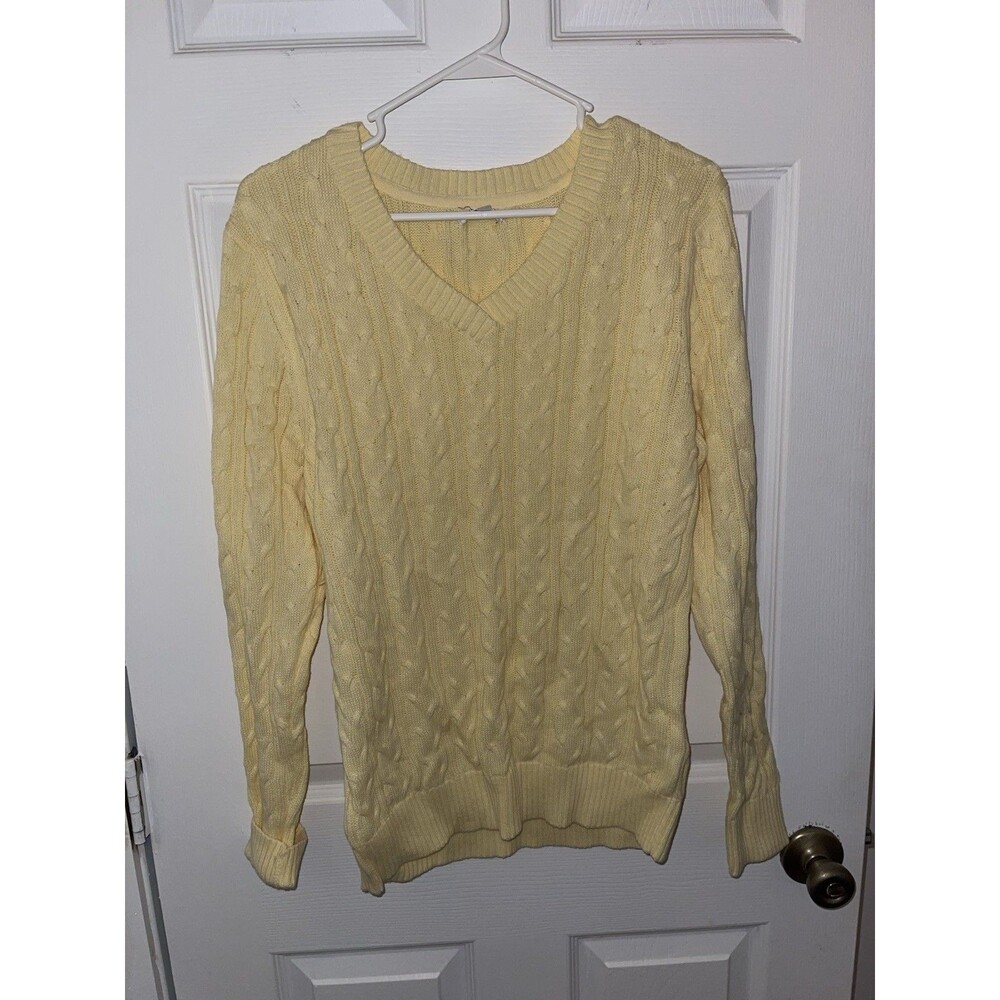 Croft & Barrow Sweater Women L Yellow Cable Knit 100% Cotton Cable Knit Preppy